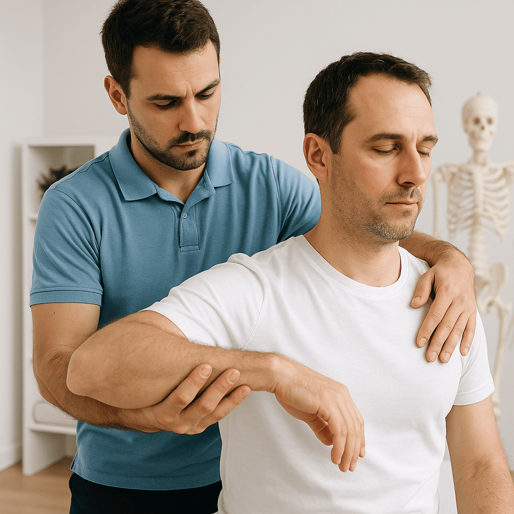 a man holding his arm to a man's shoulder